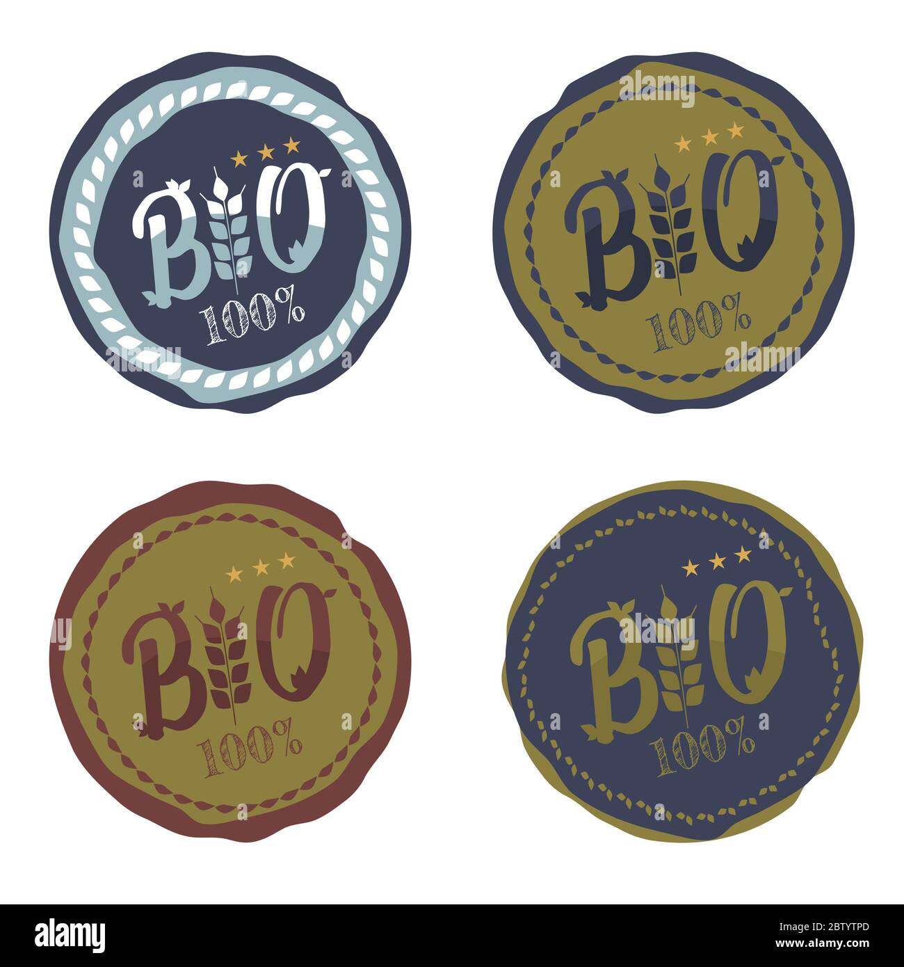 Set di 4 badge o tag con logo di prodotti biologici BIO o alimentari in tonalità verde su sfondo bianco Illustrazione Vettoriale