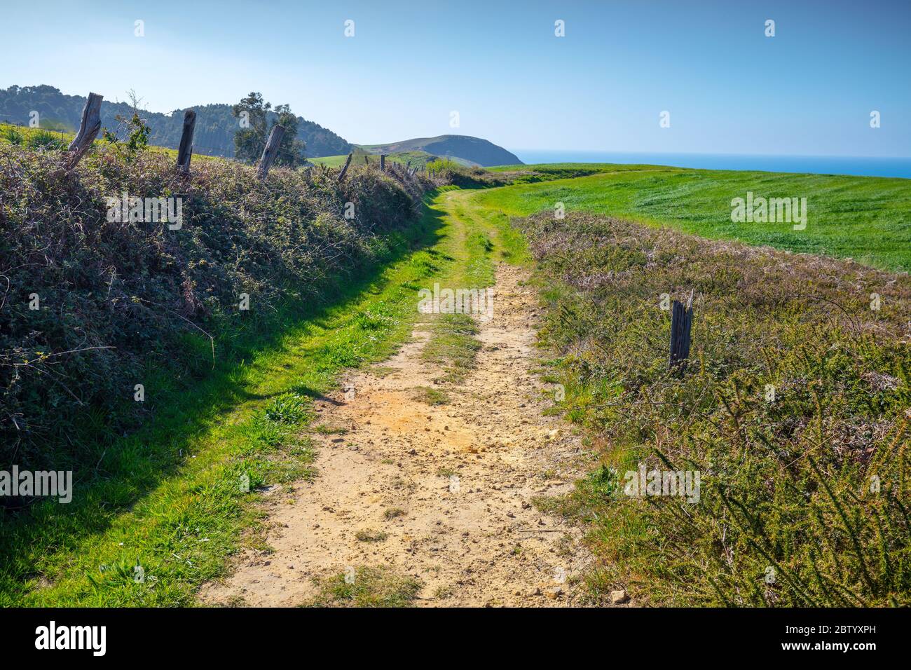 Strada sterrata di campagna sulla montagna in primavera una giornata di sole. Paesaggio rurale. Foto Stock