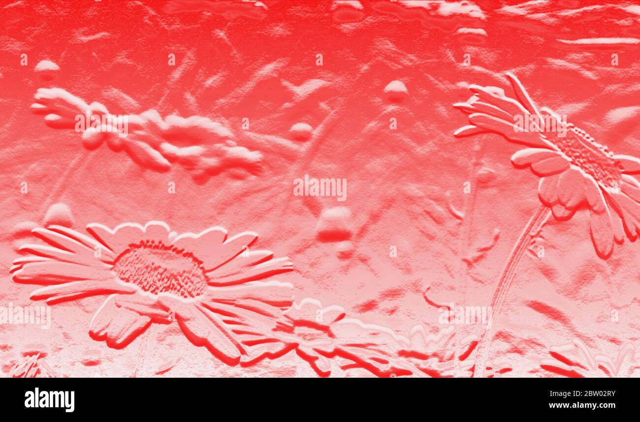 Grafica 3D metallizzata di sfondo rosso-rosa monocromatica con margherite in rilievo, effetto ombre, spazio per il testo, copia Foto Stock