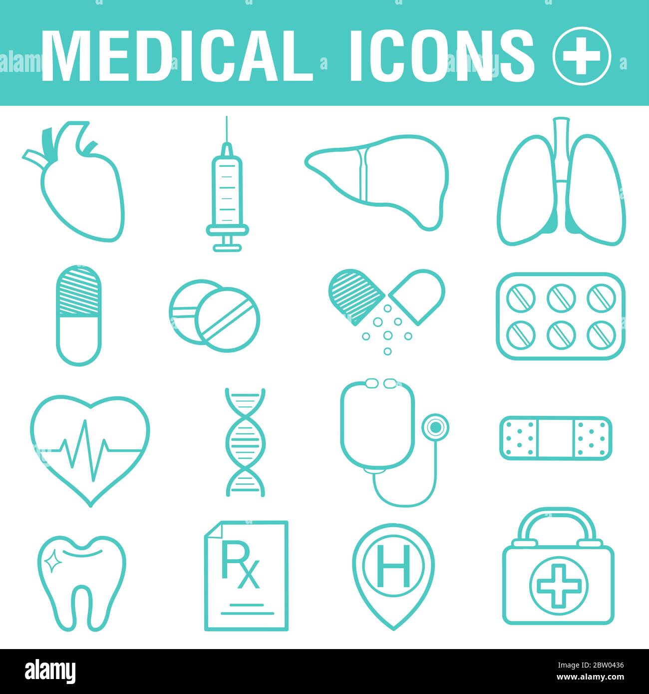 Impostare le icone, i segni e i simboli delle linee vettoriali in medicina e salute di progettazione piatta. Foto Stock
