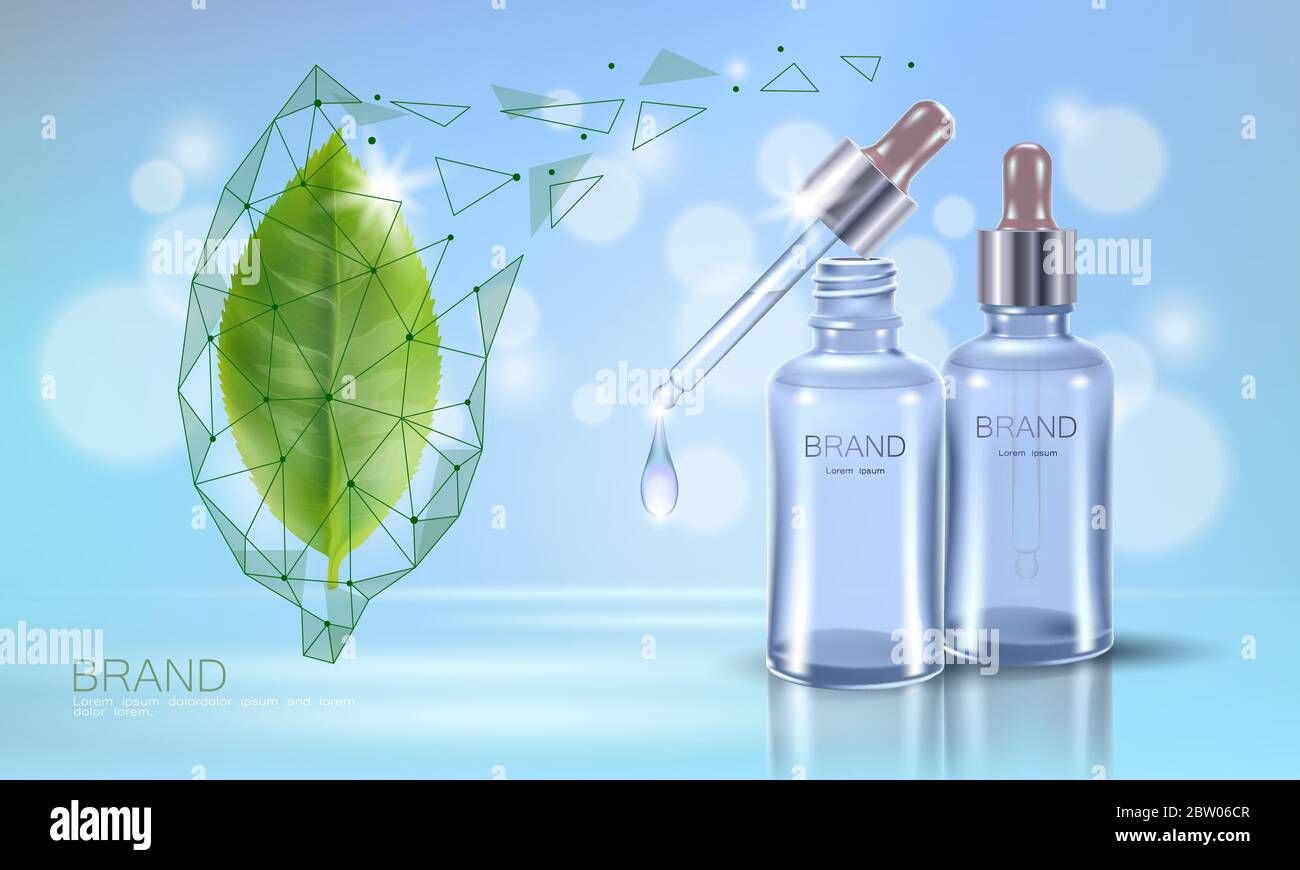 Tè verde estratto organico essenziale. Supplemento cosmetico per la cura della pelle. Modello di poster di vitamina di medicina di salute. Tecnologia innovativa 3D ecologico realistico Illustrazione Vettoriale