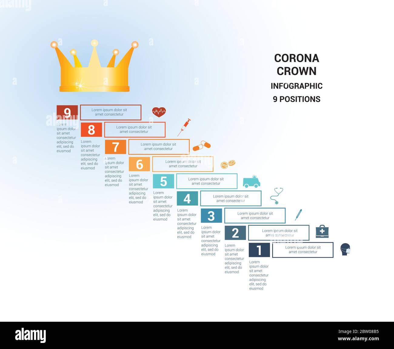Modello vettoriale per 9 posizioni. Infografica medica concettuale. Passi con aree di testo. In cima è la corona, corona. Può essere utilizzato anche per il flusso di lavoro, b Illustrazione Vettoriale