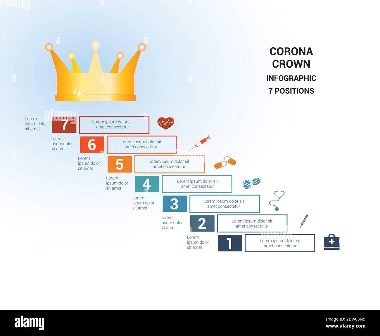 Modello vettoriale per 7 posizioni. Infografica medica concettuale. Passi con aree di testo. In cima è la corona, corona. Può essere utilizzato anche per il flusso di lavoro, b Illustrazione Vettoriale
