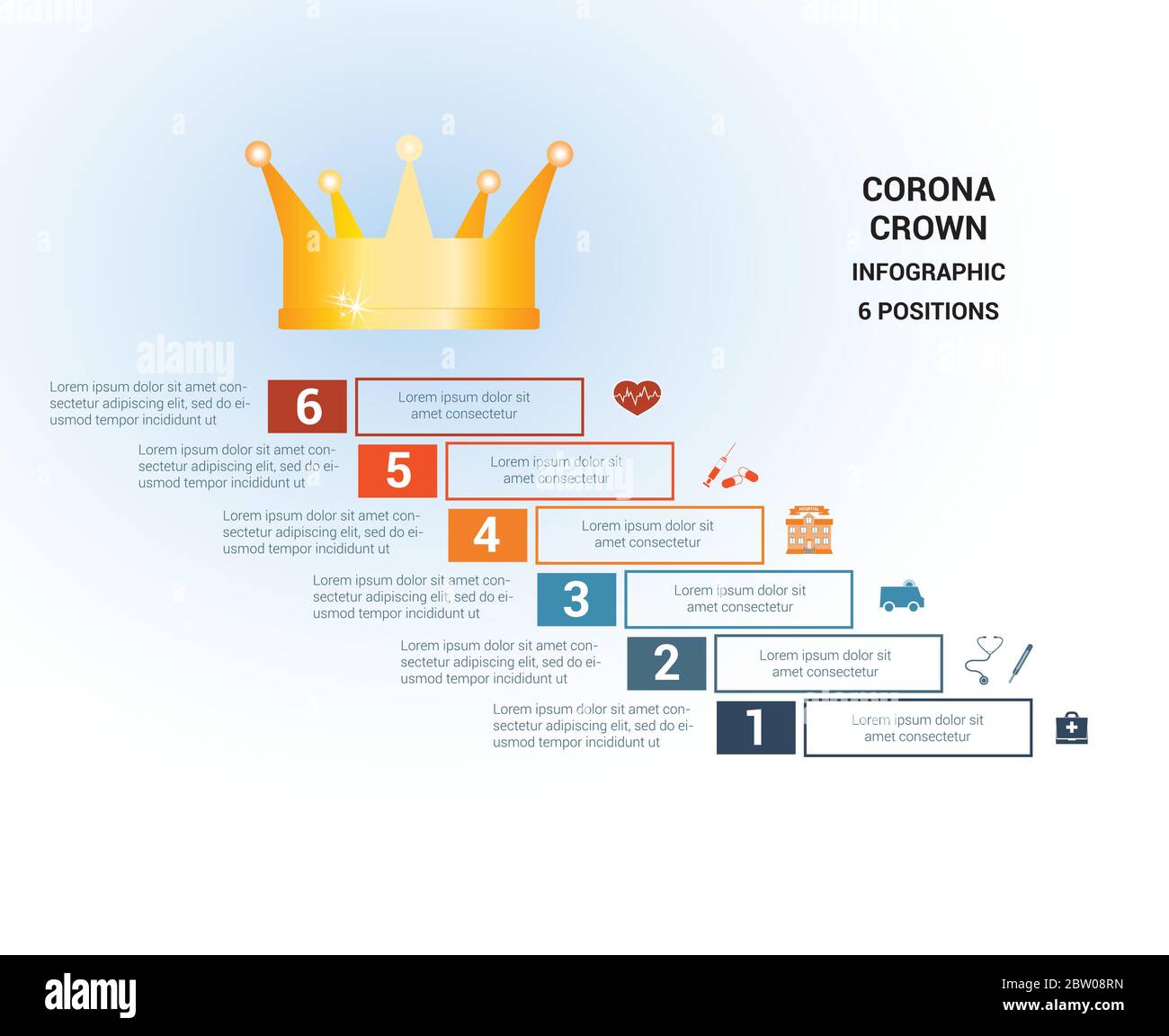 Modello vettoriale per 6 posizioni. Infografica medica concettuale. Passi con aree di testo. In cima è la corona, corona. Può essere utilizzato anche per il flusso di lavoro, b Illustrazione Vettoriale
