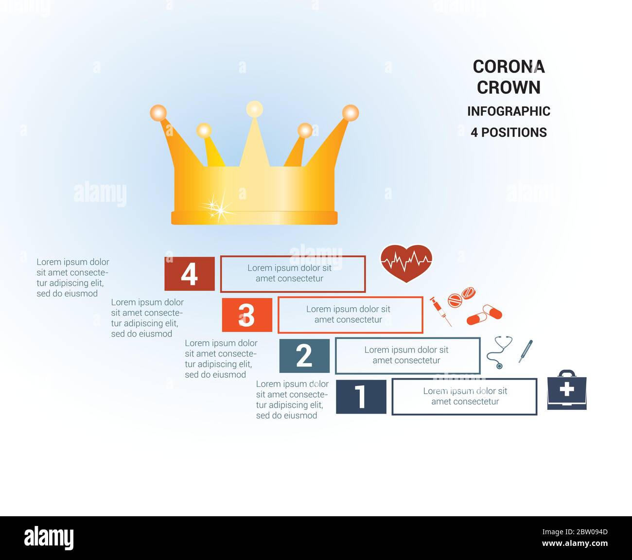 Modello vettoriale per 4 posizioni. Infografica medica concettuale. Passi con aree di testo. In cima è la corona, corona. Può essere utilizzato anche per il flusso di lavoro, b Illustrazione Vettoriale