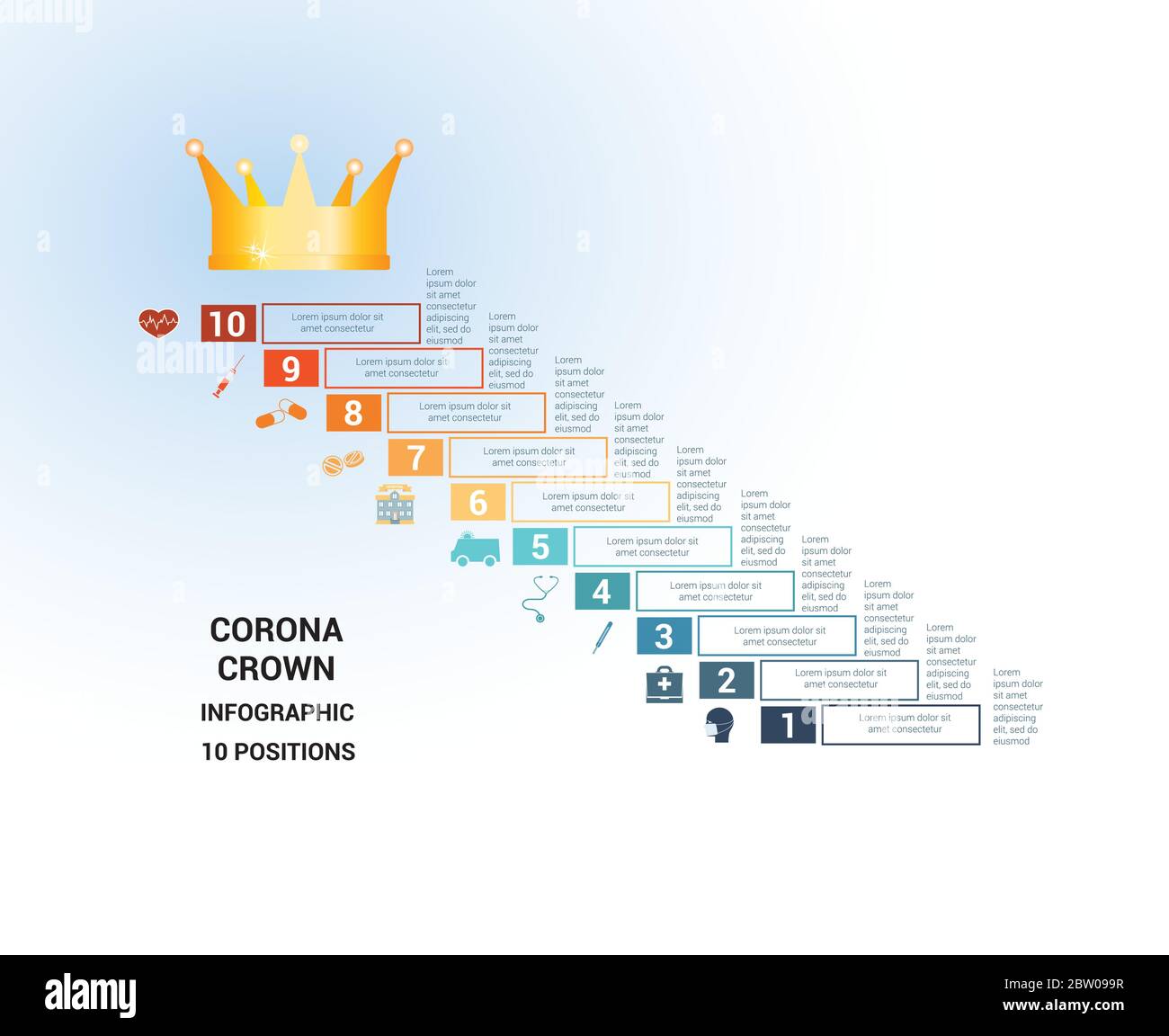 Modello vettoriale per 10 posizioni. Infografica medica concettuale. Passi con aree di testo. In cima è la corona, corona. Può essere utilizzato anche per il flusso di lavoro, Illustrazione Vettoriale