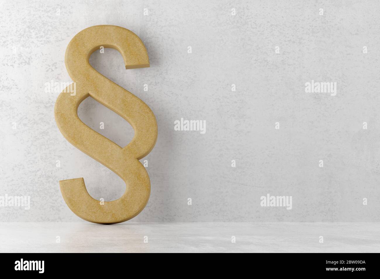 Cartello in legno marrone su sfondo di una stanza in cemento con pavimento lucido, legge, giustizia o concetto legale con spazio di copia, illustrazione 3D Foto Stock