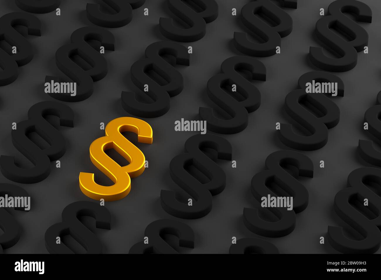 Simbolo di sezione metallizzata oro tra i segni di sezione nera su sfondo grigio scuro, legge, giustizia o concetto legale, illustrazione 3D Foto Stock