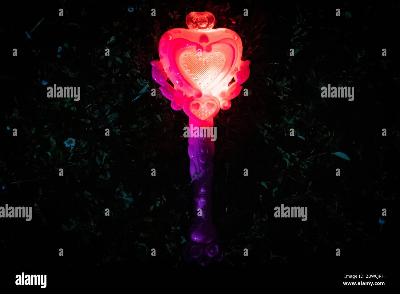 A forma di cuore rosa, bacchetta magica giocattolo, luminosa nell'erba scura di notte. Vista dall'alto, Foto Stock