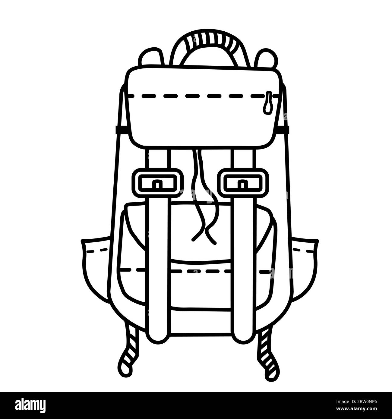 Zaino da viaggio per lo sport e il tempo libero. Linea di illustrazione vettoriale, contorno. Materiale da viaggio. Illustrazione Vettoriale