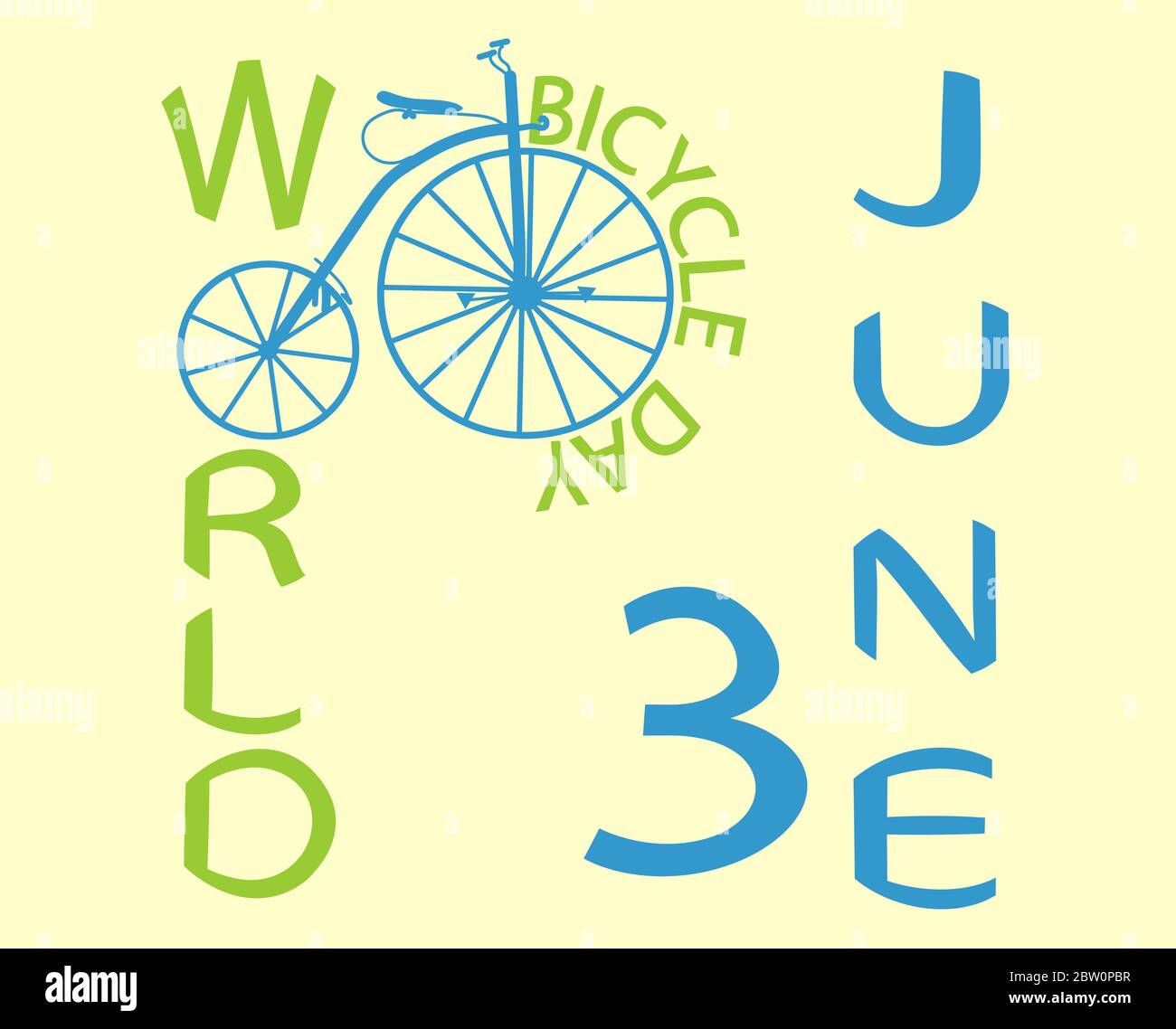 Iscrizione di colore verde World bike Day e vecchia bici e blu 3 giugno iscrizione in blu su sfondo chiaro Illustrazione Vettoriale