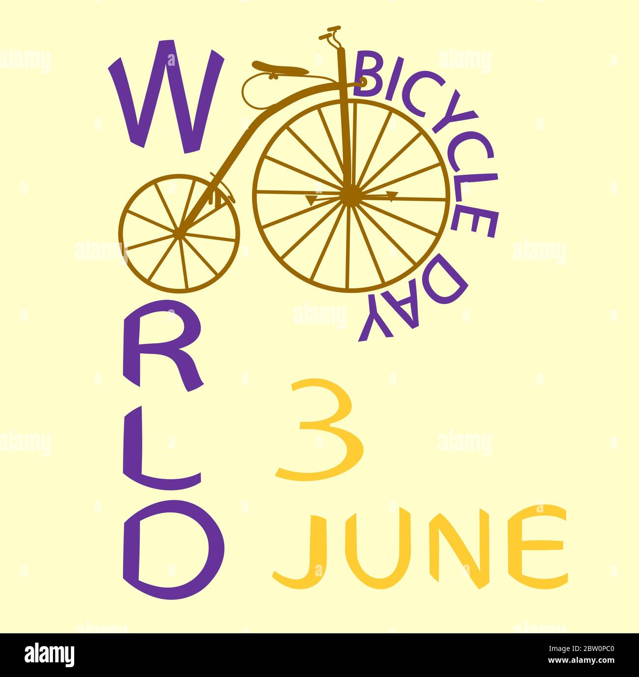 Scritta di colore viola Giornata Mondiale della bicicletta e vecchia bicicletta marrone e iscrizione gialla del 3 giugno su sfondo chiaro Illustrazione Vettoriale