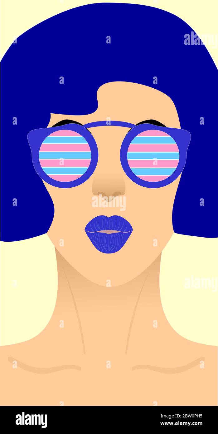 il volto di una ragazza con capelli corti blu e labbra blu in occhiali da sole rotondi con bordo blu, i cui occhiali sono dipinti in rosa e strisce blu a Illustrazione Vettoriale