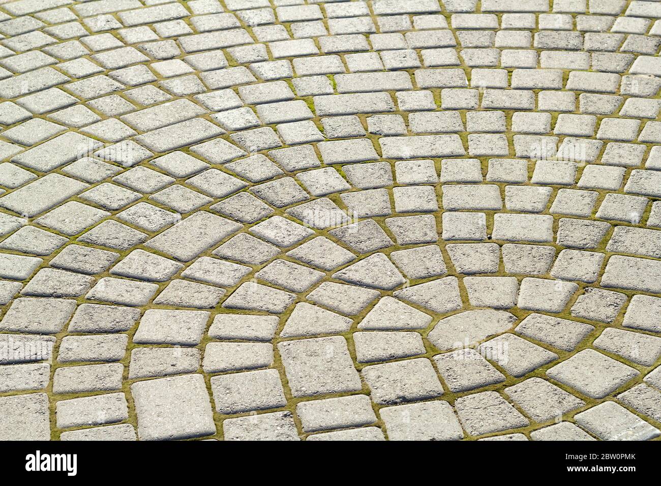 Motivo simmetrico della mattonella marciapiede con muschio verde. Struttura in pietra marciapiede grigia Foto Stock