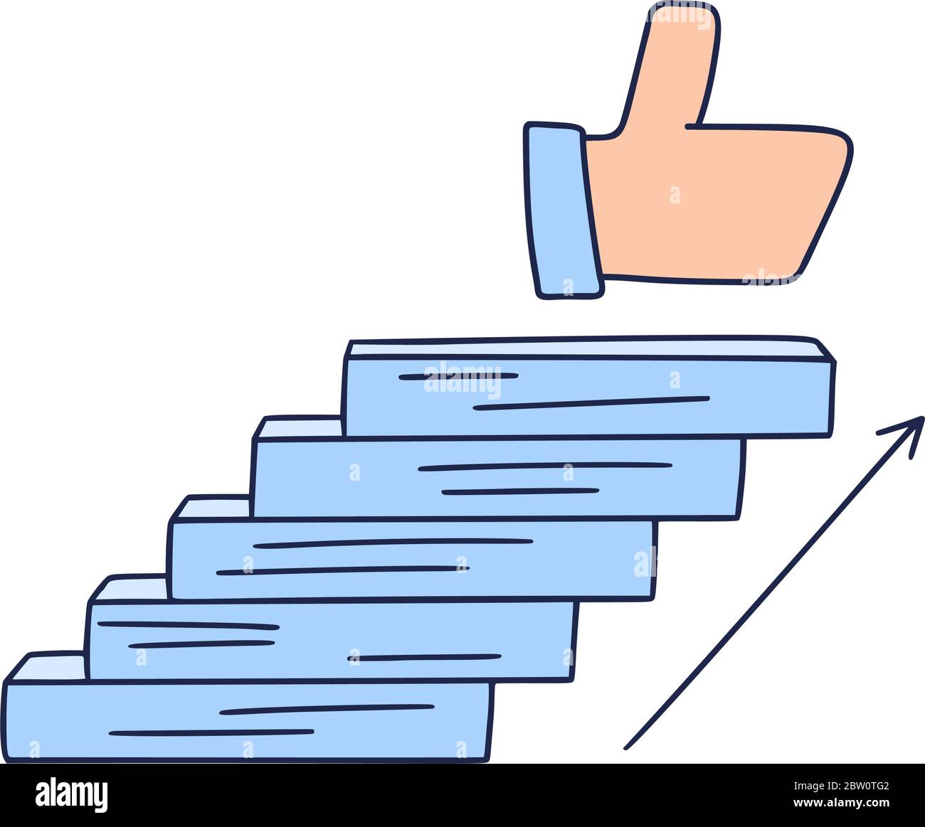 Passi fino a simili. Illustrazione di Doodle vettoriale disegnata a mano con i gradini o le scale sopra di cui è un'icona dei pollici-su. Il percorso verso il successo un Illustrazione Vettoriale