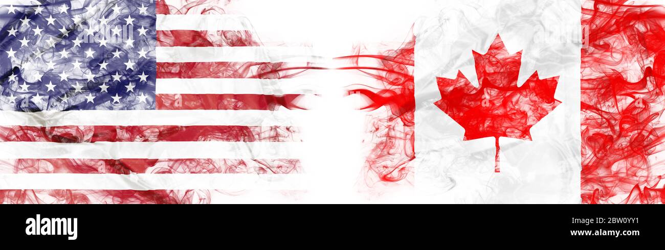 Bandiera americana e bandiera canadese a forma di fumo su sfondo bianco. Concetto di conflitto mondiale e guerra. Metafora America vs Canada. Cambio del dollaro Foto Stock