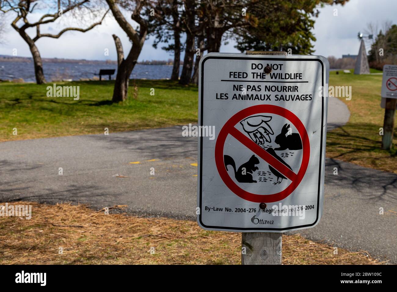 OTTAWA, ONTARIO, CANADA - 9 MAGGIO 2020: Un cartello bilingue sulla legge della città informa i visitatori in inglese e francese di non dare da mangiare alla fauna selvatica nel parco Andrew Haydon. Foto Stock