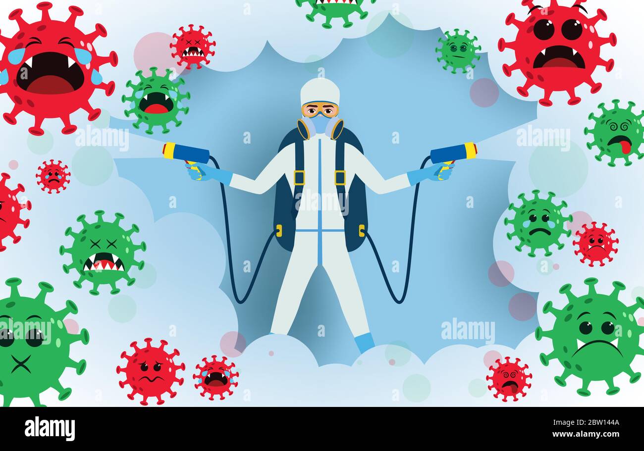 Progettazione del concetto vettoriale di disinfezione del coronavirus. Disinfettante per rivestimento anteriore disinfettare il virus della corona covid-19 utilizzando disinfettante antibatterico. Illustrazione Vettoriale