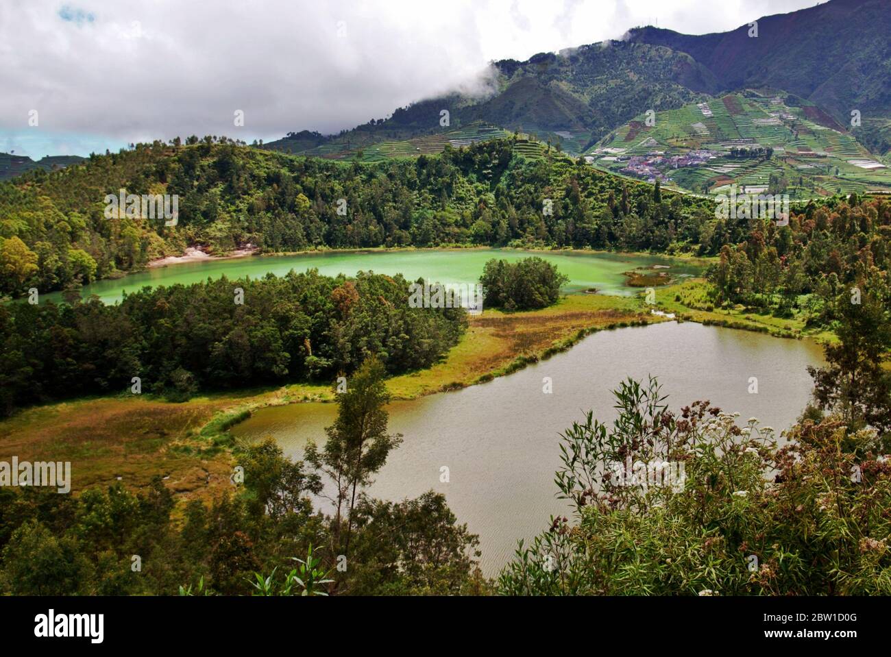 Paesaggio aereo Lago di Telaga Warna e Lago di Pengilon in uno sfondo di terrazze agricole, visto da una collina a Wonosobo, Giava Centrale, Indonesia. Foto Stock