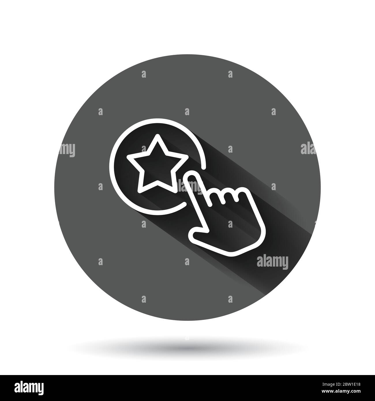 Fare clic sull'icona della carta fedeltà in stile piatto. Mano su sfondo nero rotondo con effetto di lunga ombra. Concetto di business con pulsante cerchio di sconto. Illustrazione Vettoriale