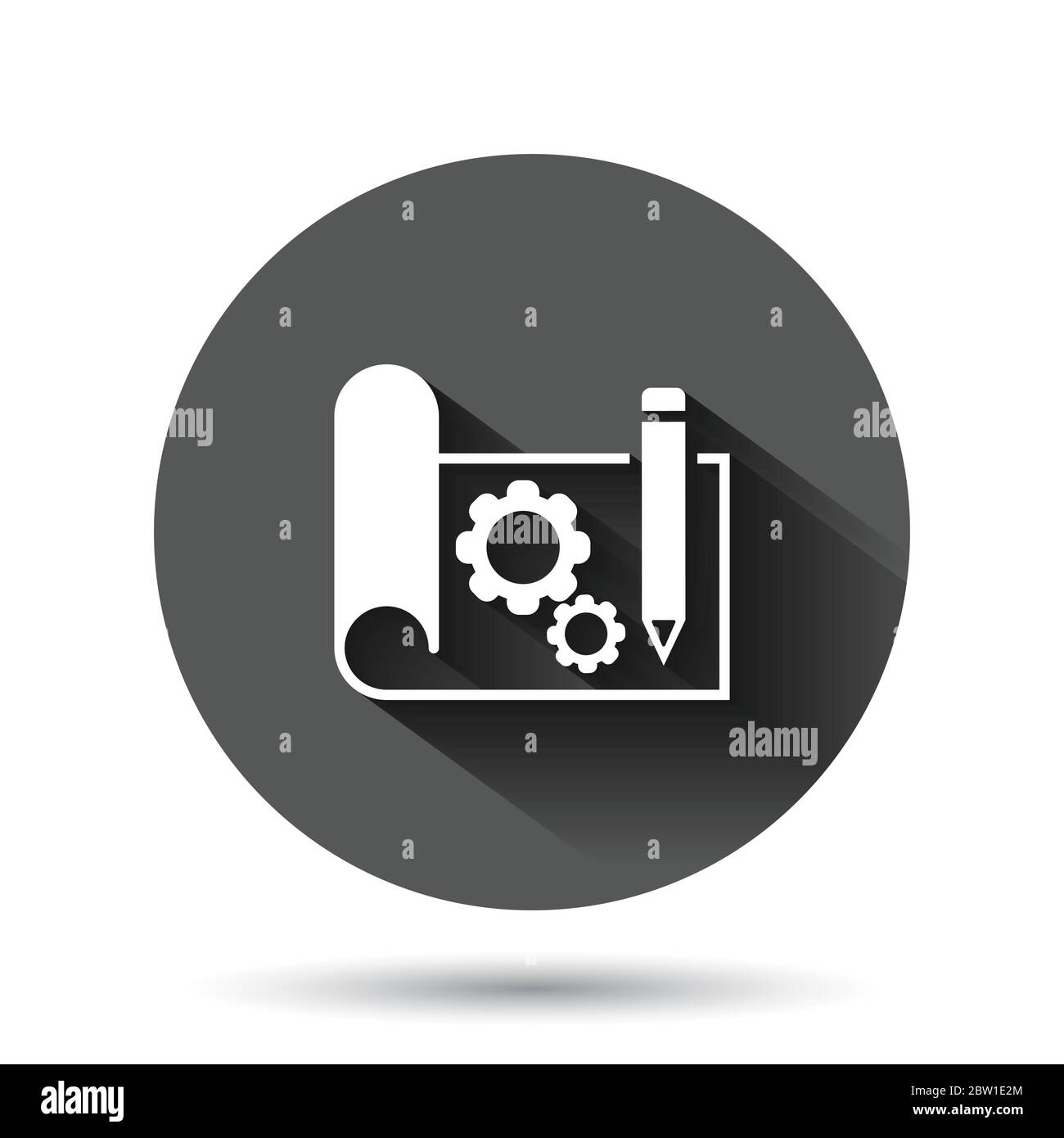 Icona prototipo in stile piatto. Illustrazione vettoriale di avvio su sfondo nero rotondo con effetto di ombra lungo. Sviluppo modello cerchio pulsante business Illustrazione Vettoriale