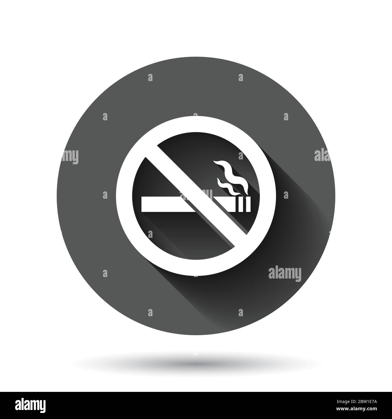 Icona cartello divieto di fumo in stile piatto. Immagine vettoriale di sigaretta su sfondo nero rotondo con effetto di ombra lungo. Nicotina cerchio pulsante business c Illustrazione Vettoriale