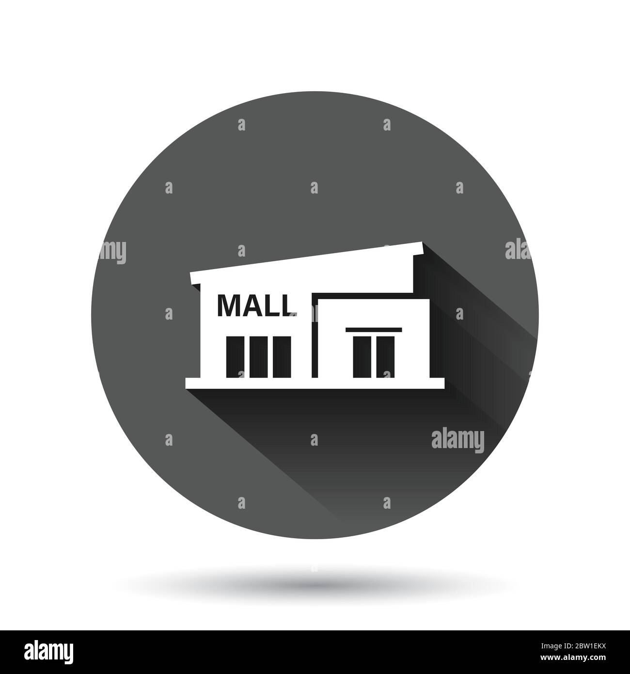 Icona del centro commerciale in stile piatto. Memorizzare l'illustrazione vettoriale su sfondo nero rotondo con effetto di ombra lungo. Acquista il concetto di business dei pulsanti Circle. Illustrazione Vettoriale