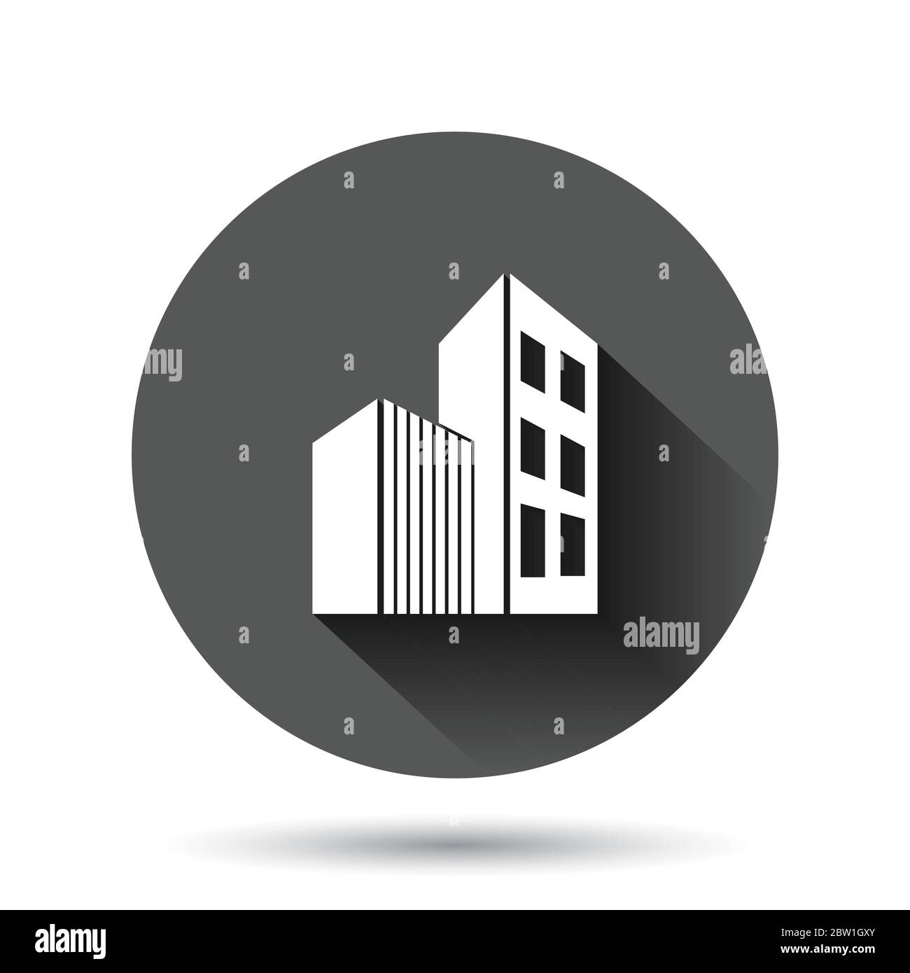 Icona di costruzione in stile piatto. Illustrazione vettoriale grattacielo su sfondo nero rotondo con effetto di ombra lungo. Architettura cerchio pulsante business con Illustrazione Vettoriale
