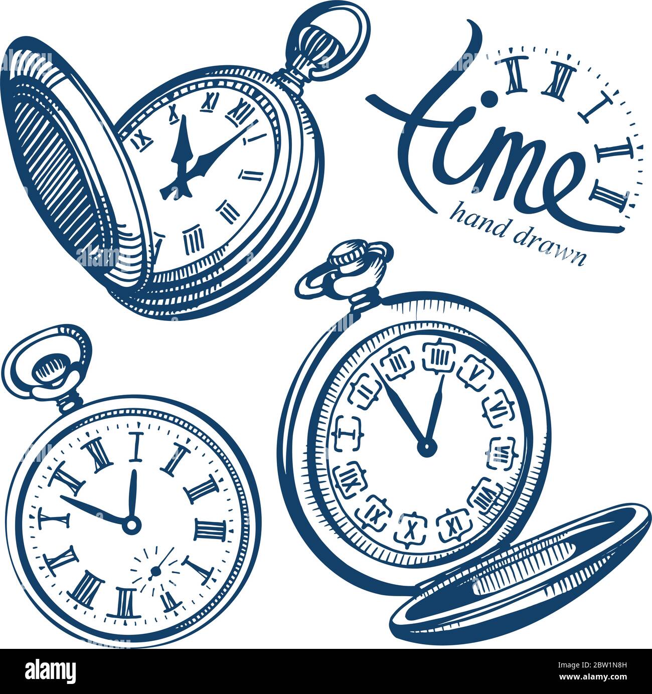 Orologio tascabile. Set di illustrazioni vettoriali per orologio tascabile disegnato a mano. Disegnare il disegno di vecchie icone dell'orologio. Illustrazione Vettoriale