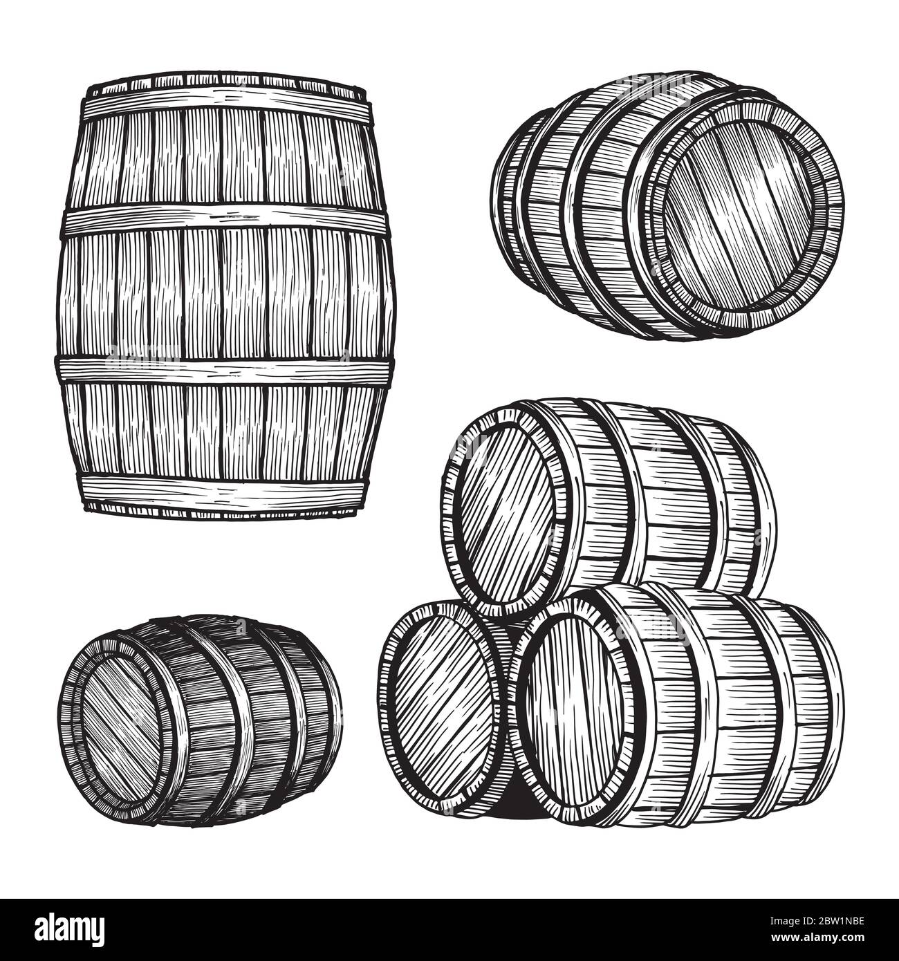 Barile. Set di illustrazioni vettoriali disegnate a mano per fusti di quercia. Etichetta di disegno di schizzo del barile di legno. Illustrazione Vettoriale
