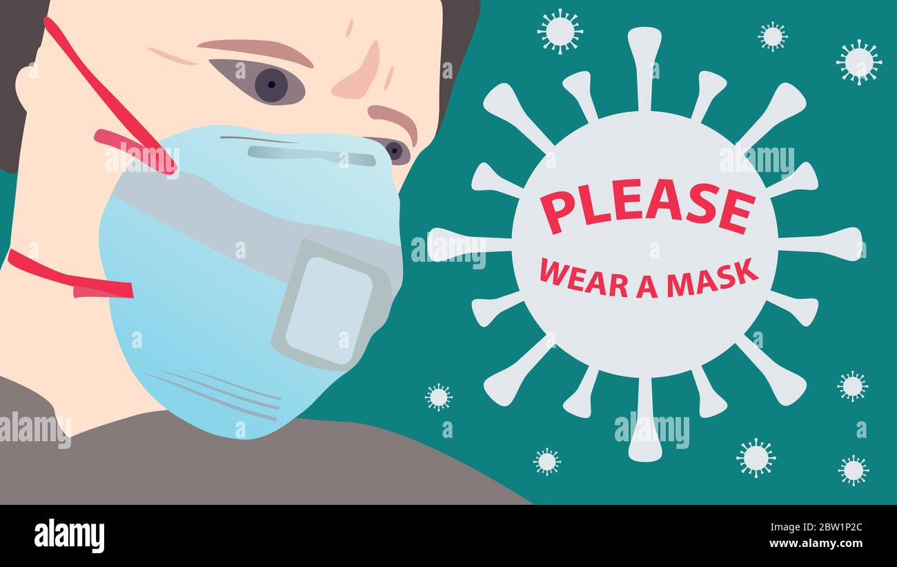Cute uomo che indossa maschera protettiva. Indossare una maschera. Illustrazione Vettoriale