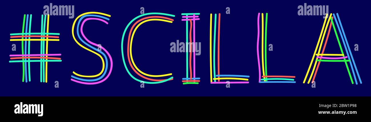 Hashtag Scilla - isolare l'iscrizione con lettere a forma di doodle da linee curve multicolore come da una penna con punta di feltro, il pen. Per banner, volantino, scheda. Illustrazione Vettoriale