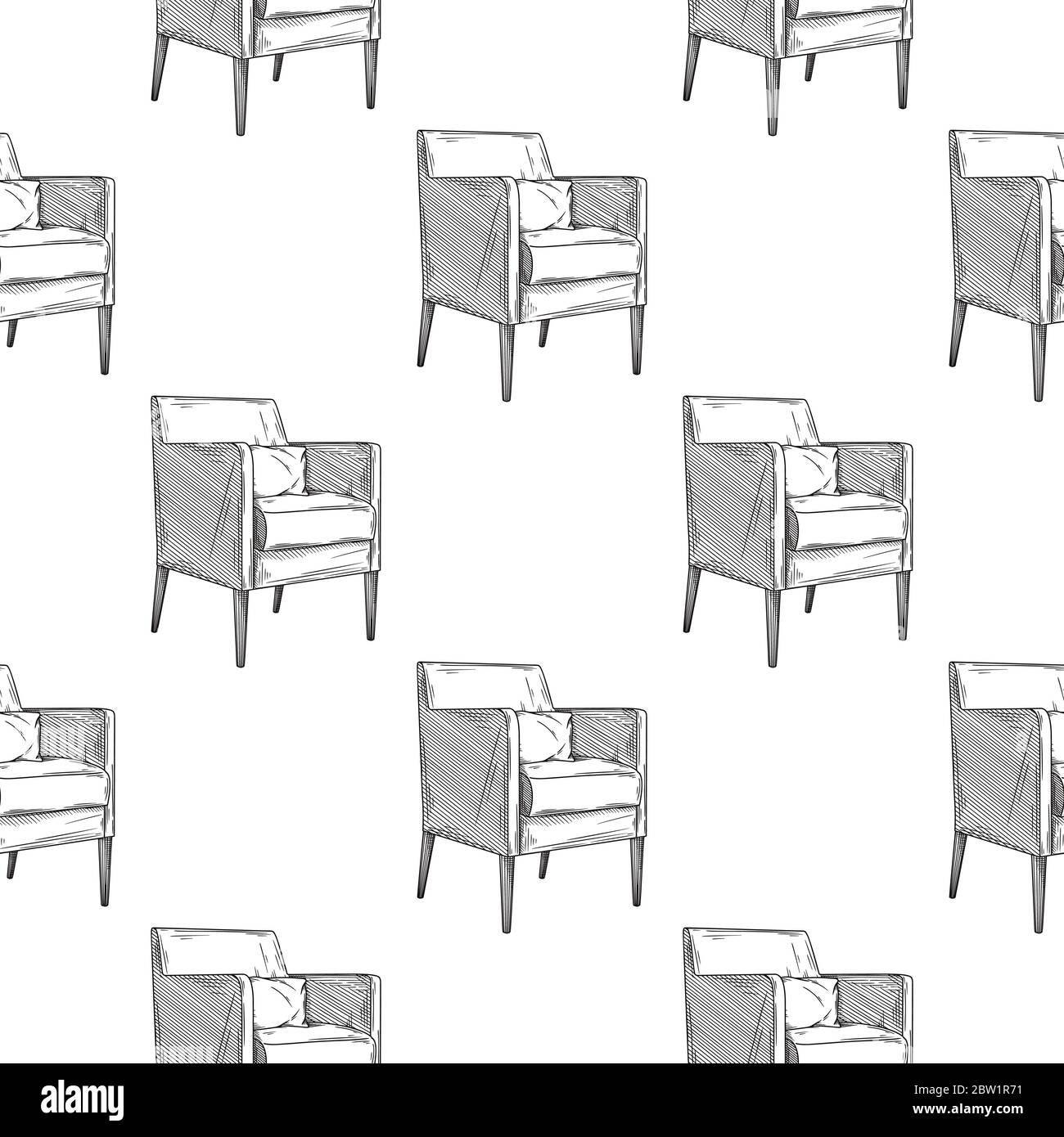 Ripetizione senza giunture. Poltrona, sedia su sfondo bianco. Illustrazione vettoriale nello stile di schizzo. Illustrazione Vettoriale