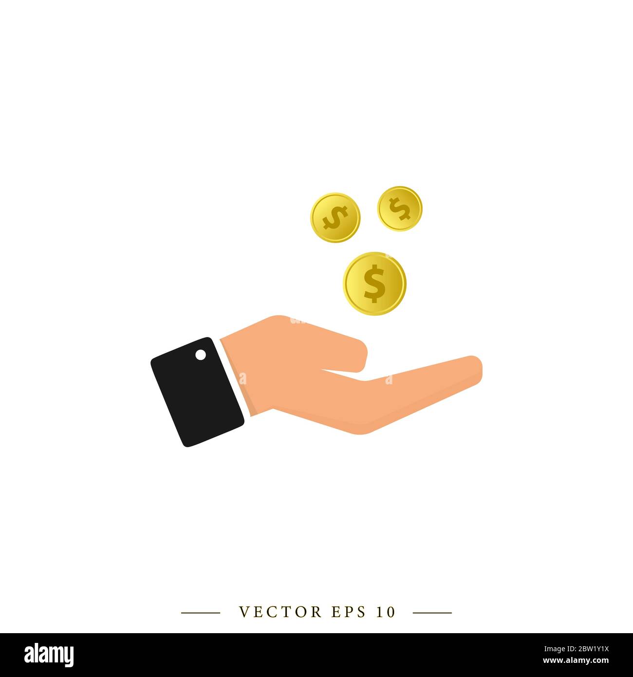 Vettore colorato di denaro e mano. Concetto monetario, finanziario e bancario. Disegno isolato. Illustrazione Vettoriale