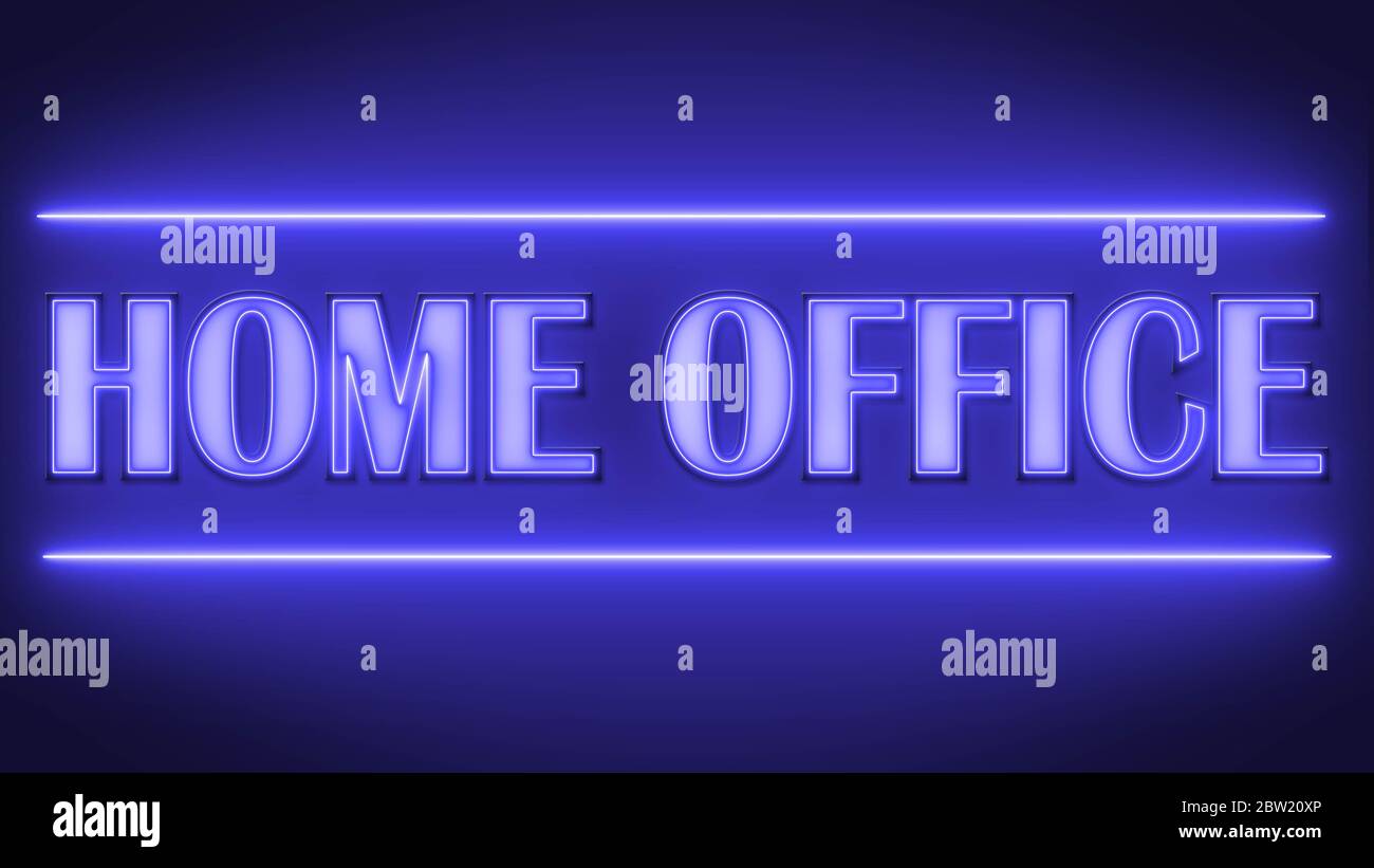 Scritta PER UFFICIO DOMESTICO in stile neon chiaro su sfondo blu - illustrazione 3D Foto Stock