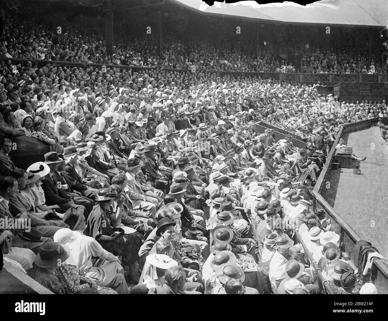 Grande folla su Center Court per la finale femminile. Il Centre Court di Wimbledon è stato imballato per la finale del campionato femminile di single tra Miss Dorothy Round e Mlle J Jedrzejowska. Spettacoli fotografici, la grande folla su Centre Court. 3 luglio 1937 Foto Stock