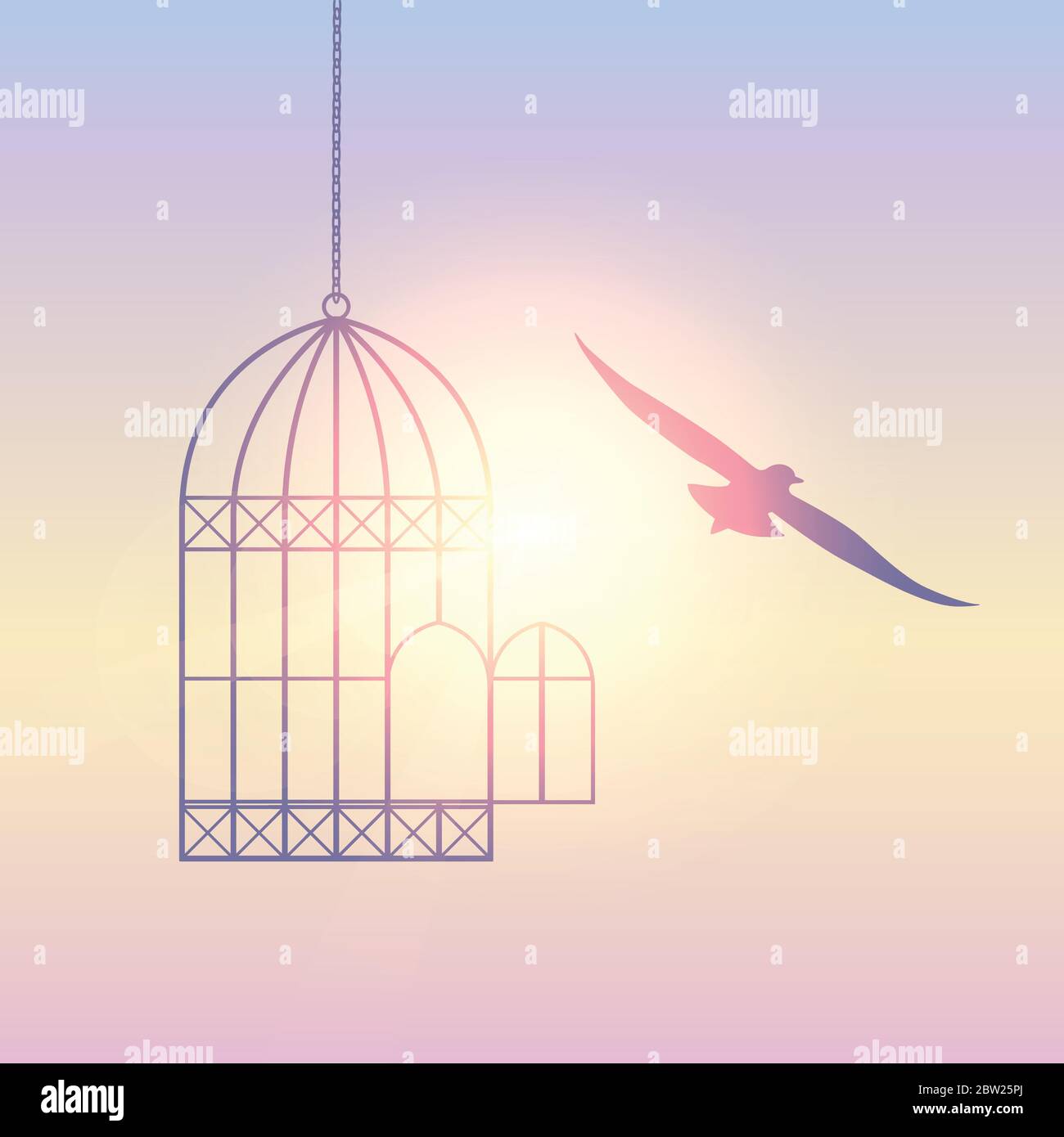 Uccello vola fuori dalla gabbia nel cielo soleggiato vettore illustrazione EPS10 Illustrazione Vettoriale