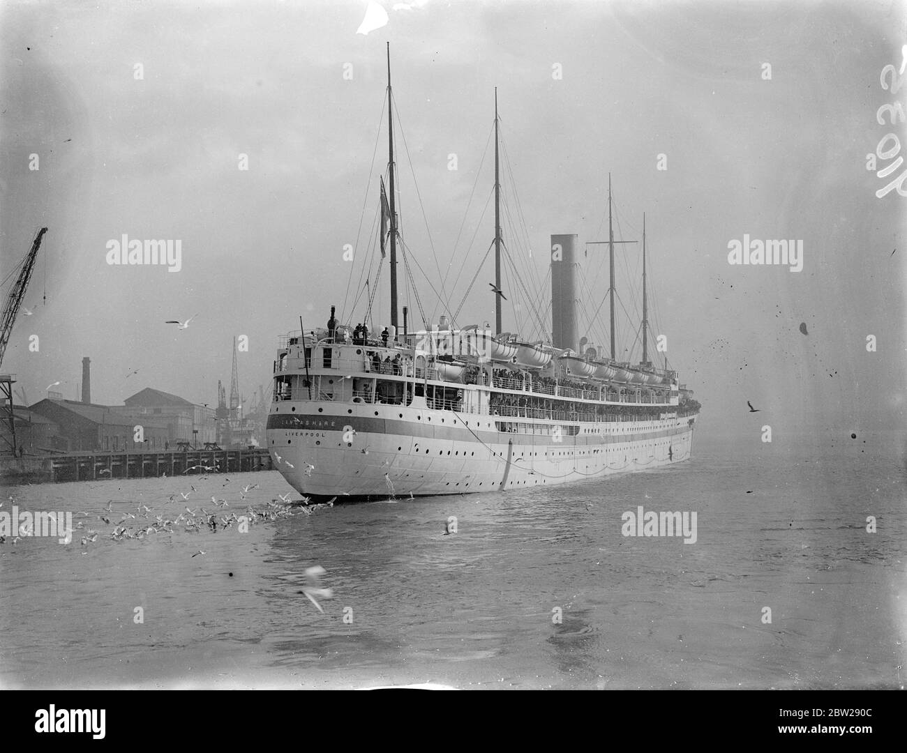 La troopship parte il giorno dell'Armistizio per l'Oriente. Gull sta volando in basso dietro la truppa 'Lancashire'mentre ha lasciato Southampton il giorno dell'armistizio, che truppe per il servizio in Oriente. 11 novembre 1937 Foto Stock