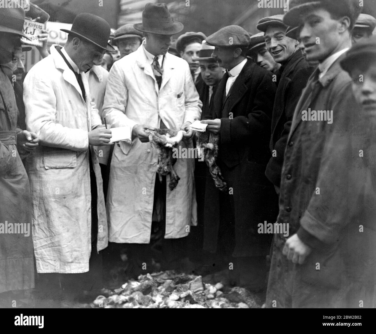 Una scena affollata al Rabbit Skin Corner , Smithfield Market , dove vengono trattate migliaia di pelli animali . Vengono poi inviati ai conciatori e successivamente fatti in capi di abbigliamento . 8 novembre 1921 Foto Stock