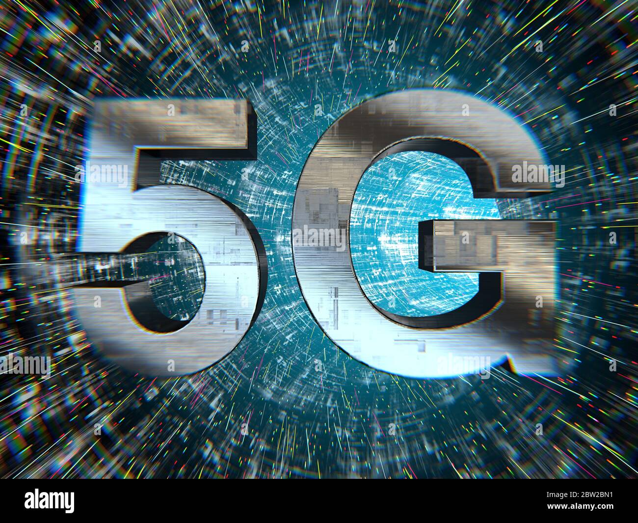 La parola 5G in materiale metallico in un tunnel, circondato da particelle di dati in rapido movimento Foto Stock