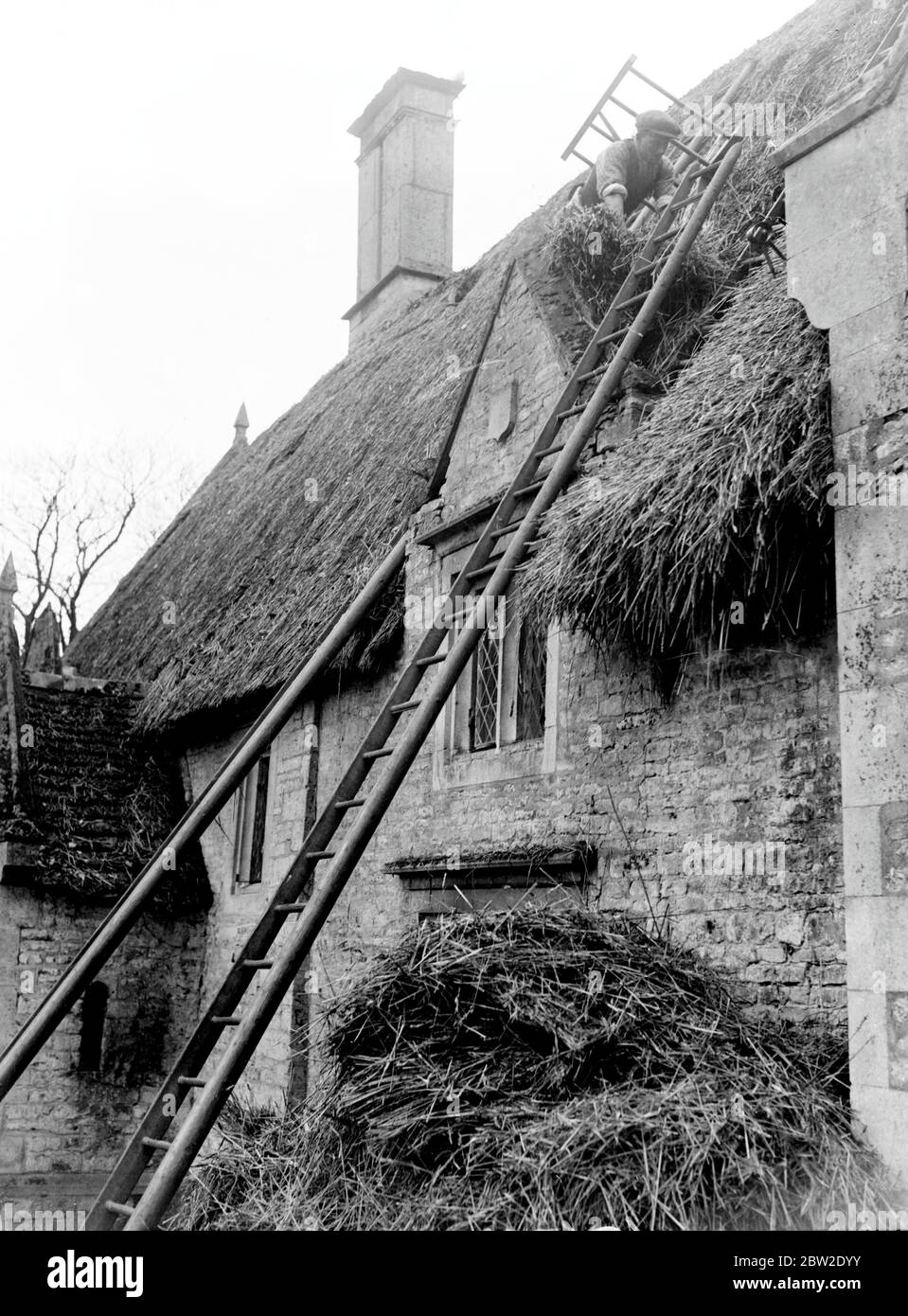 L'artigianato del thatching - il thatcher vele il suo antico mestiere su alcuni cottage pittoresco a Cranford , Northants . 25 novembre 1933 Foto Stock