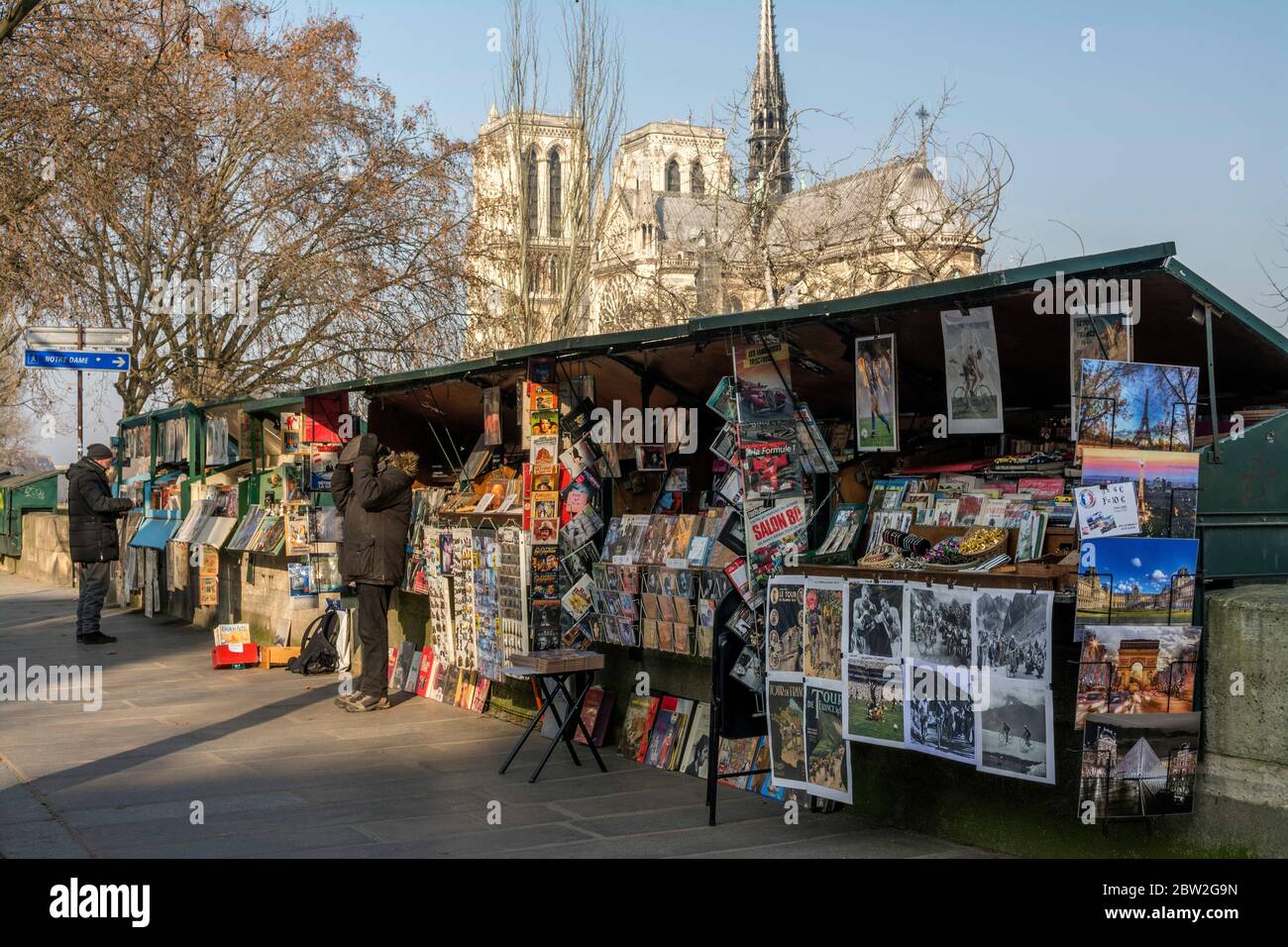 I Bouquinistes di Parigi lungo le rive della Senna di fronte a Notre Dame de Paris. Ile-de-France. Parigi. Francia Foto Stock