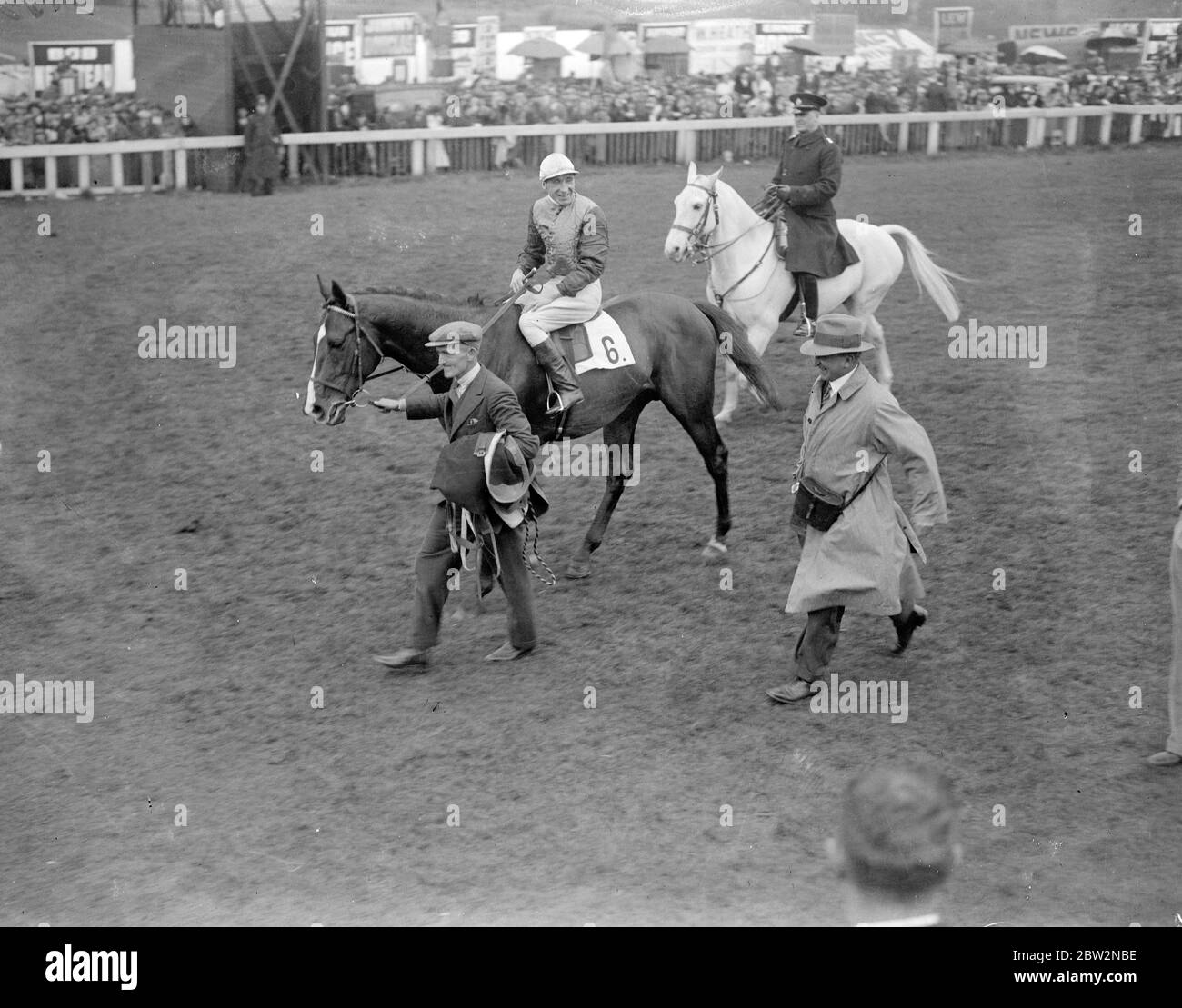 H Wragg su Light Sussex vince City e Suburban Race a Epsom . H Wragg Riding Light Sussex di proprietà del maggiore C Behrens , ha vinto la gara urbana e suburbana all'Epsom Spring Meeting . Leader nel vincitore dopo la gara. 25 aprile 1934 Foto Stock