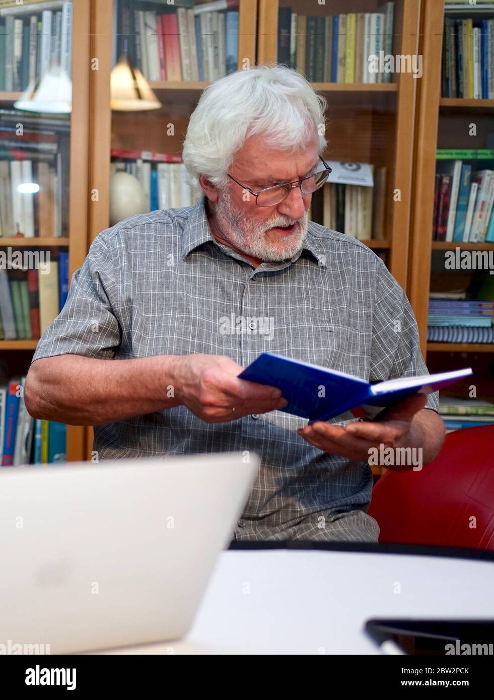 Ritratto di un uomo anziano con bearded bianco con camicia grigia che legge un notebook blu, libro mentre si siede davanti ad un enorme scaffale del libro sullo sfondo. Foto Stock