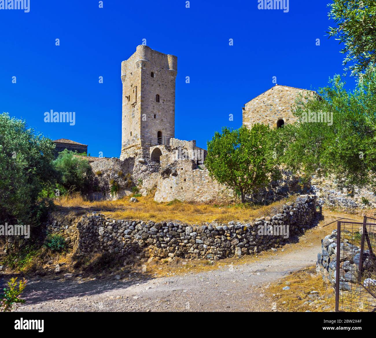 La torre Mourtzinos nella vecchia Kardamyli , Peloponneso, Grecia Foto Stock