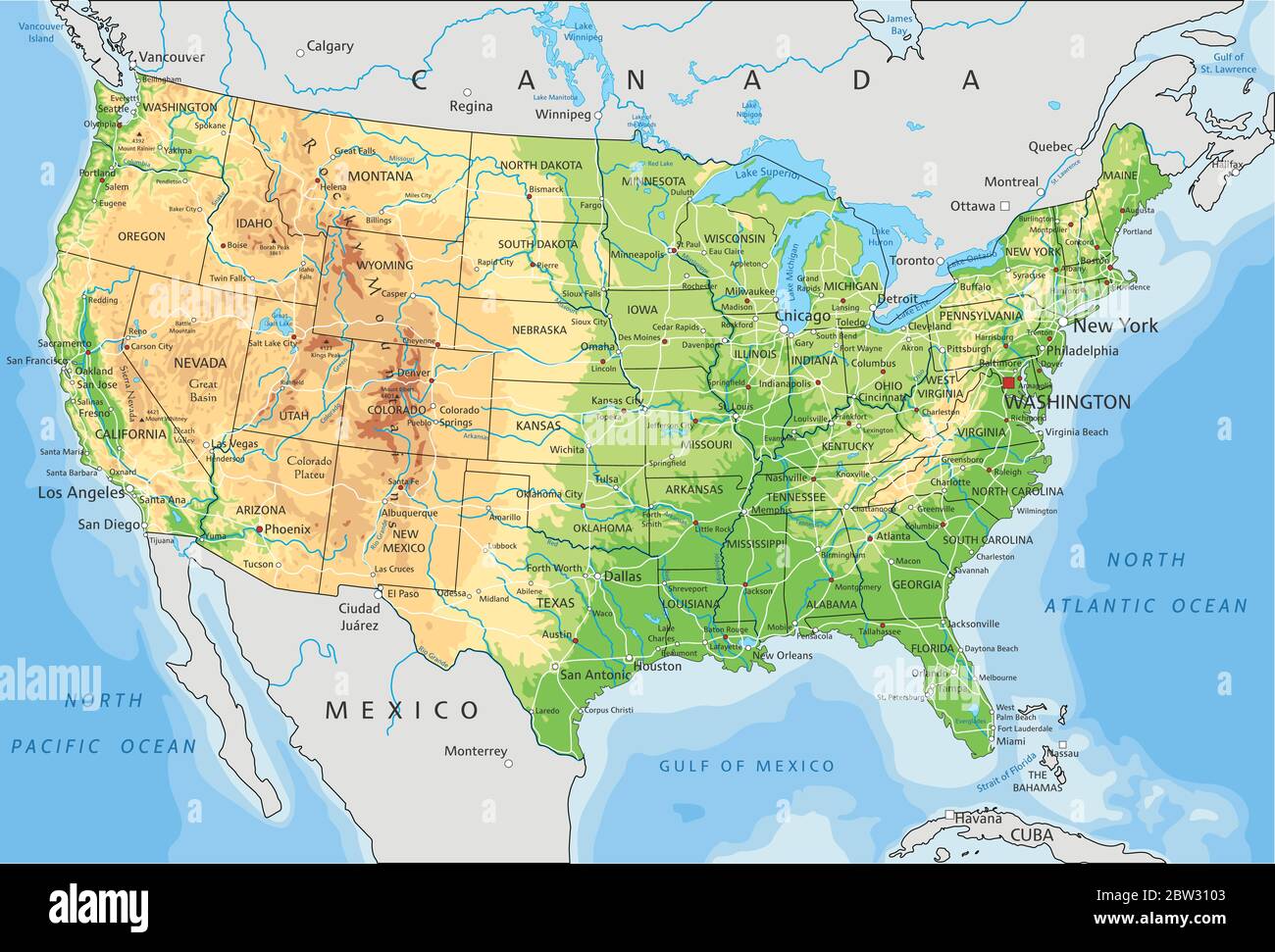 Mappa fisica degli Stati Uniti d'America con etichettatura. Illustrazione Vettoriale
