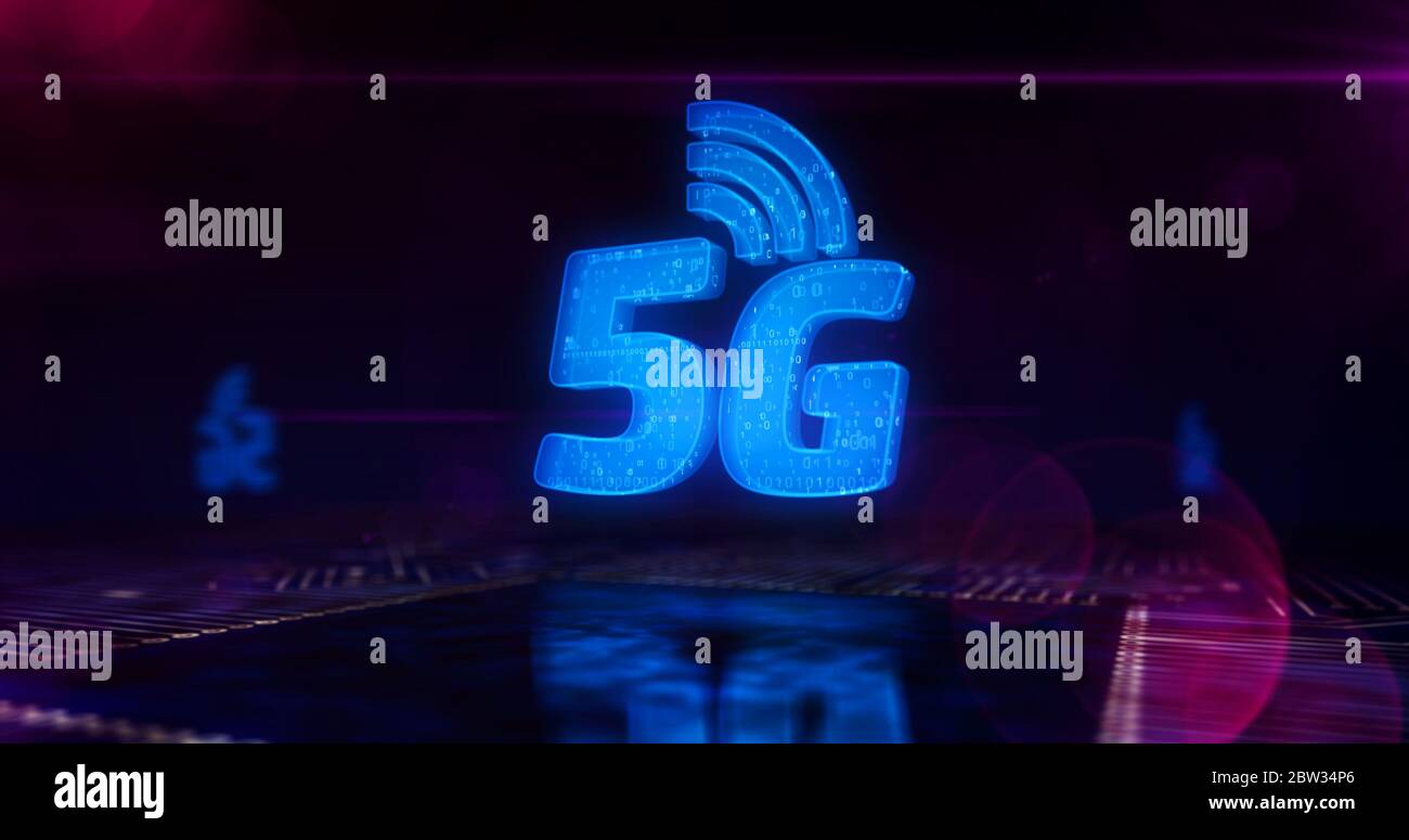 Simbolo della rete di comunicazione del telefono cellulare 5G. Illustrazione 3D del concetto astratto della tecnologia di connessione globale, IOT, networking digitale. Circuito scheda in Foto Stock