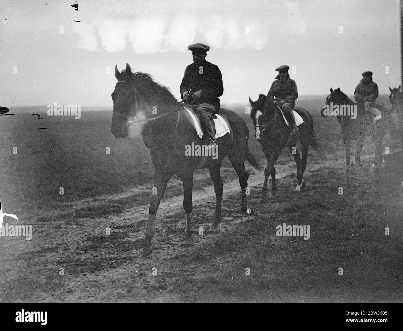 Cavallo da corsa giovane amante che cammina con altri cavalli e cavalieri seguendo in linea giugno 1933 Foto Stock
