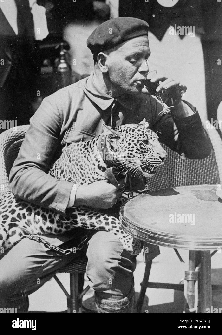 Leopard come ospite di Maxim's . Qualcosa di una sensazione è stato causato in Maxim's , la famosa località di Rue Royale , Parigi , quando M Bernard Sindland ha camminato per un aperitivo seguito da Lily , il suo leopardo animale domestico . Lily sedette sul ginocchio del suo padrone , calmo ma vigile , mentre M Sindland gli sorseggiava la bevanda . Lily il leopardo con il suo padrone . M Bernard Sindland , al massimo . 14 giugno 1934 Foto Stock