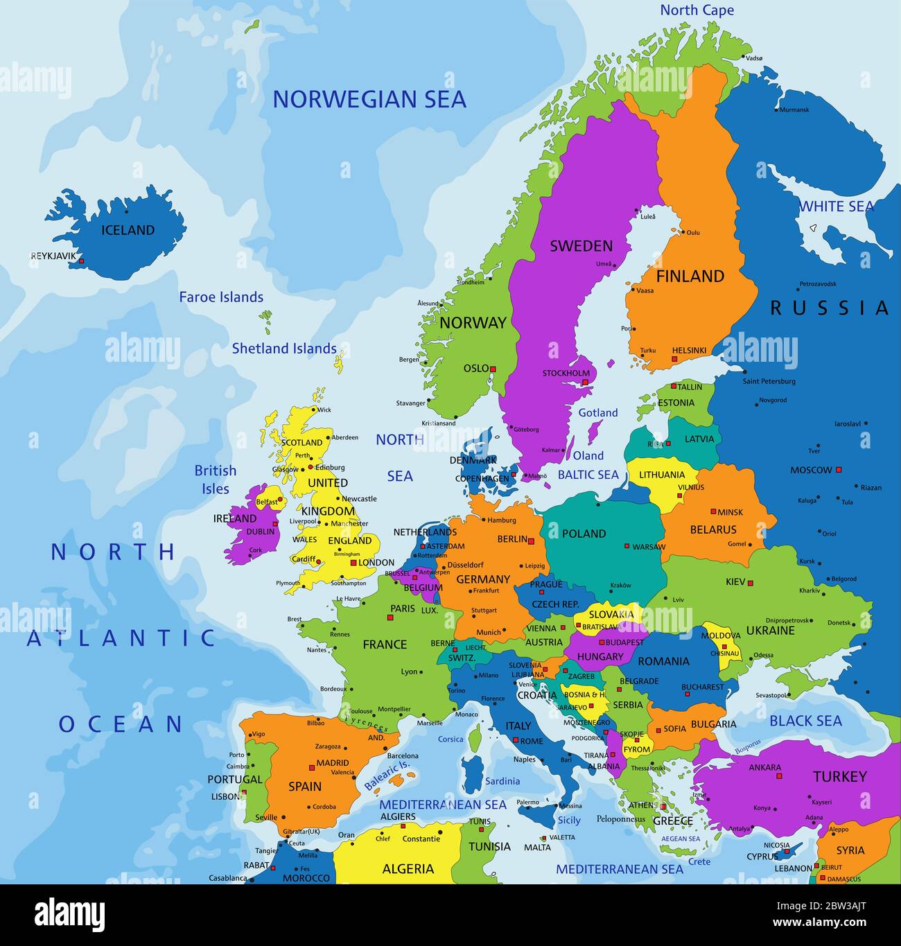 Mappa politica colorata dell'Europa con livelli chiaramente etichettati e separati. Illustrazione vettoriale. Illustrazione Vettoriale